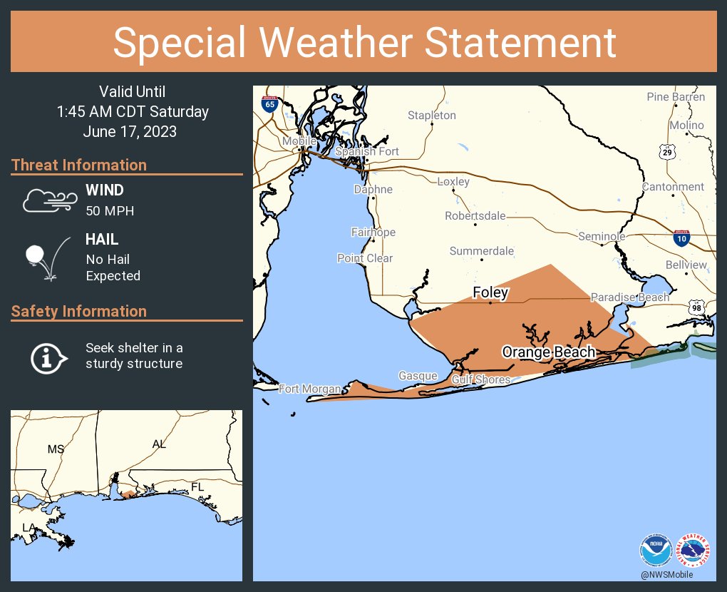 NWS Mobile on Twitter "A special weather statement has been issued for Foley AL, Orange Beach