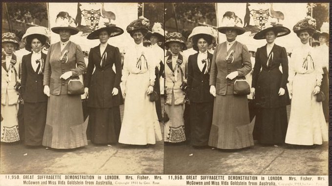 June 17, 1911: A week before the Coronation of King George V and Queen Mary, Margaret Fisher, the wife of Prime Minister Andrew Fisher, led Australian and New Zealand women in a London suffrage demonstration. About 40,000 people marched in support of women's right to vote [NAA]