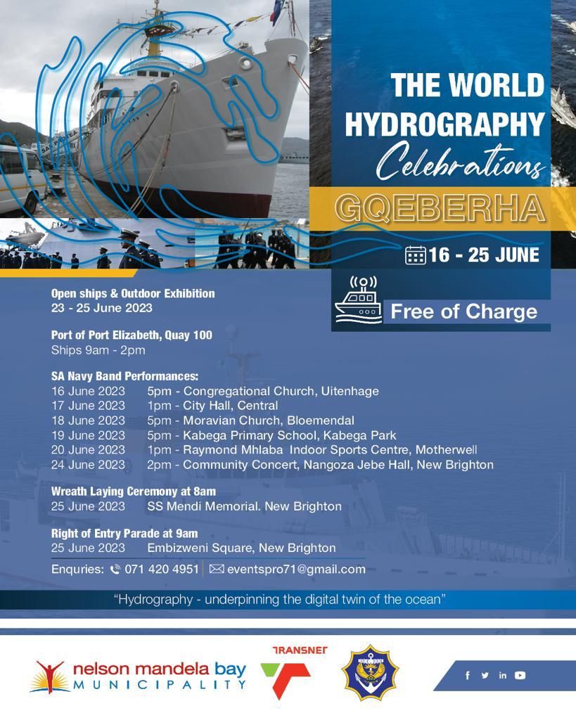The Nelson Mandela Bay Municipality, South African Navy & Transnet National Ports Authority bring you The World Hydrography Celebrations.  

“Underpinning the digital twin of the ocean”. 

 #oceanseconomy #navy #ports #WorldHydrographyDay