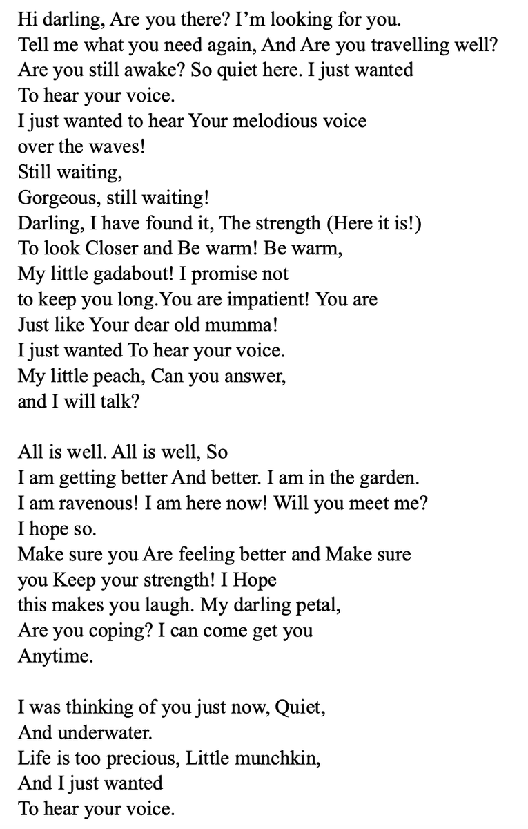 irritablepulses's tweet photo. lots of good picks in the replies &amp; qrts, and i know op said visual arts but this poem made by tumblr user  wellwaterhysteria made up of texts from her mom. it makes me tear up every single time i read it https://t.co/s5z47nULj1