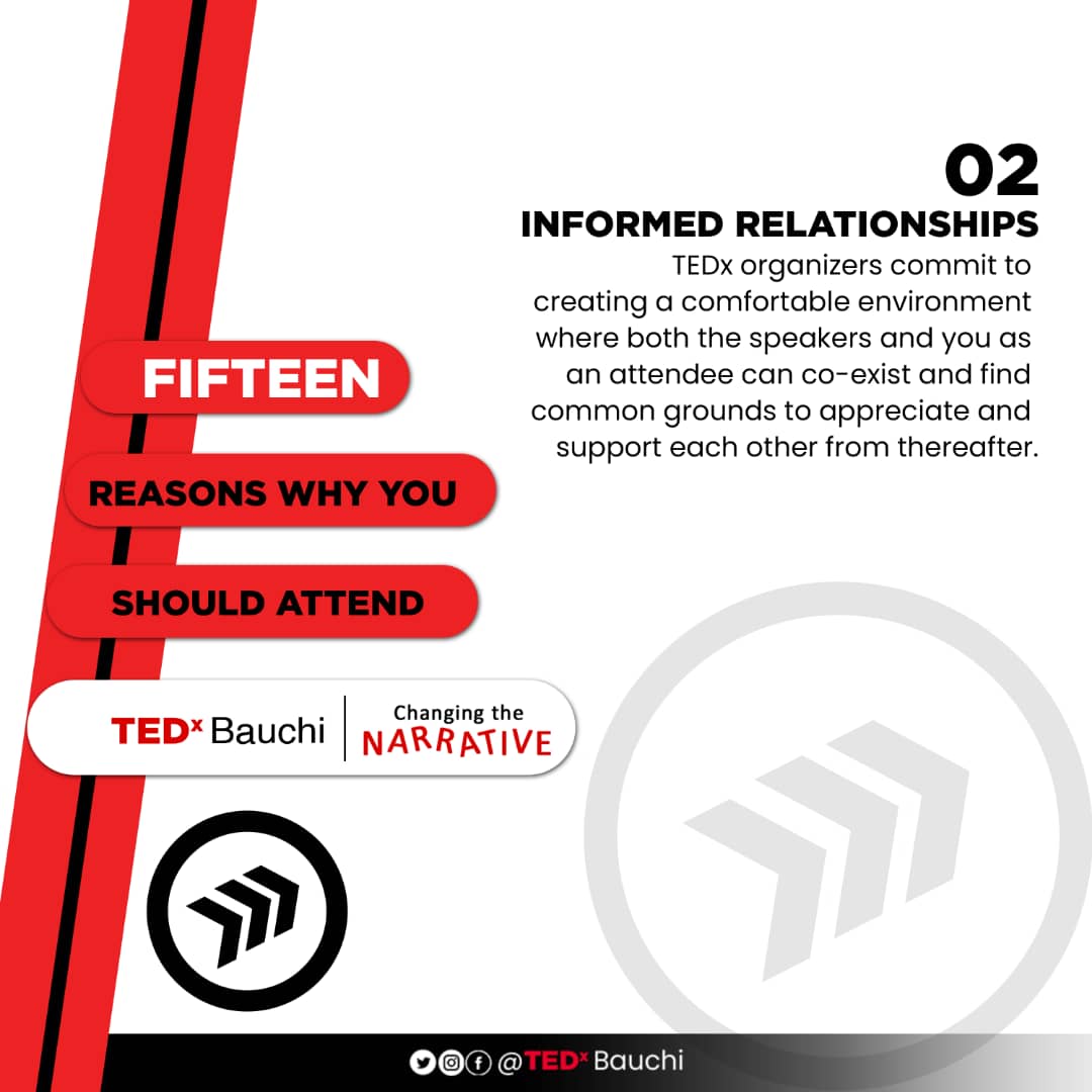 TedxBauchi's tweet photo. Fifteen Reason why you should attend #TEDxBauchi
#02
#InformedRelationships
#ChangingTheNarative
#SocialInclusion
#CommunityEngagement
#TEDxBauchi
#SustainableDevelopment
#IntentionalLiving
#YouthDevelopment
#Bauchi
#TEDx
@BalaWunti @SenBalaMohammed @ProfIsaPantami @KashimSM https://t.co/8nkZbZTvXg