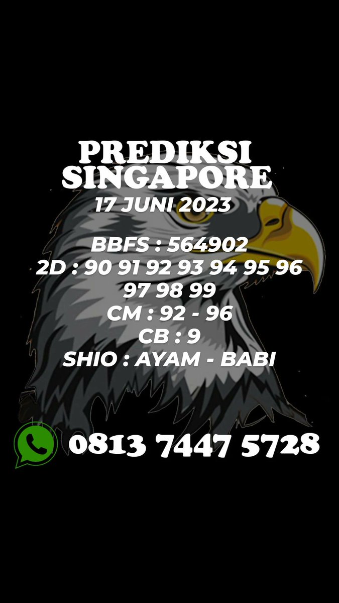PaitoSeniman's tweet photo. 🔴 Prediksi SINGAPORE 17 JUNI 2023

[Tetap Utamakan Prediksi Sendiri]
Untuk prediksi pasaran lainnya bisa langsung chat ke WA 0813-7447-5728

#prediksisgp #prediksisingapore #sgpjitu #angkasgp #angkasingapore #bocoransgp https://t.co/9evB1Ozmfy