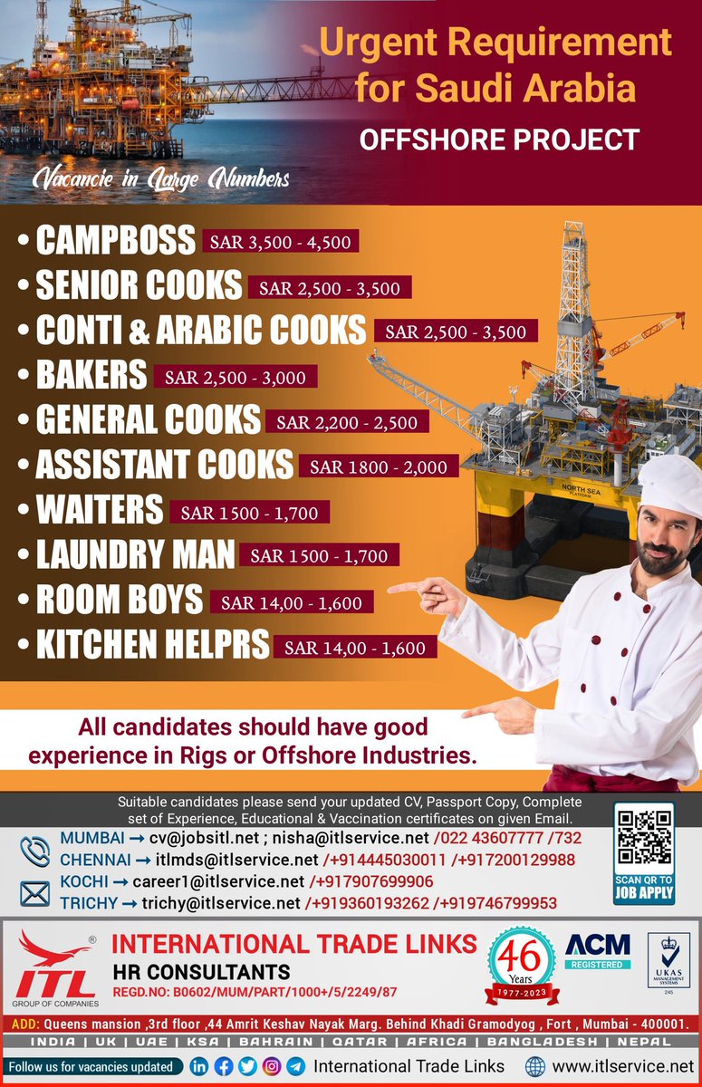 gulfjob8's tweet photo. JOB VACANCY FOR #saudiarabia
Interested candidates, please send your updated CV on given emails
#rig #offshore #offshorecook #foodindustry #nightcook #roomboy #bakery #campboss #cook #laundryman https://t.co/lzjBNtr1P3