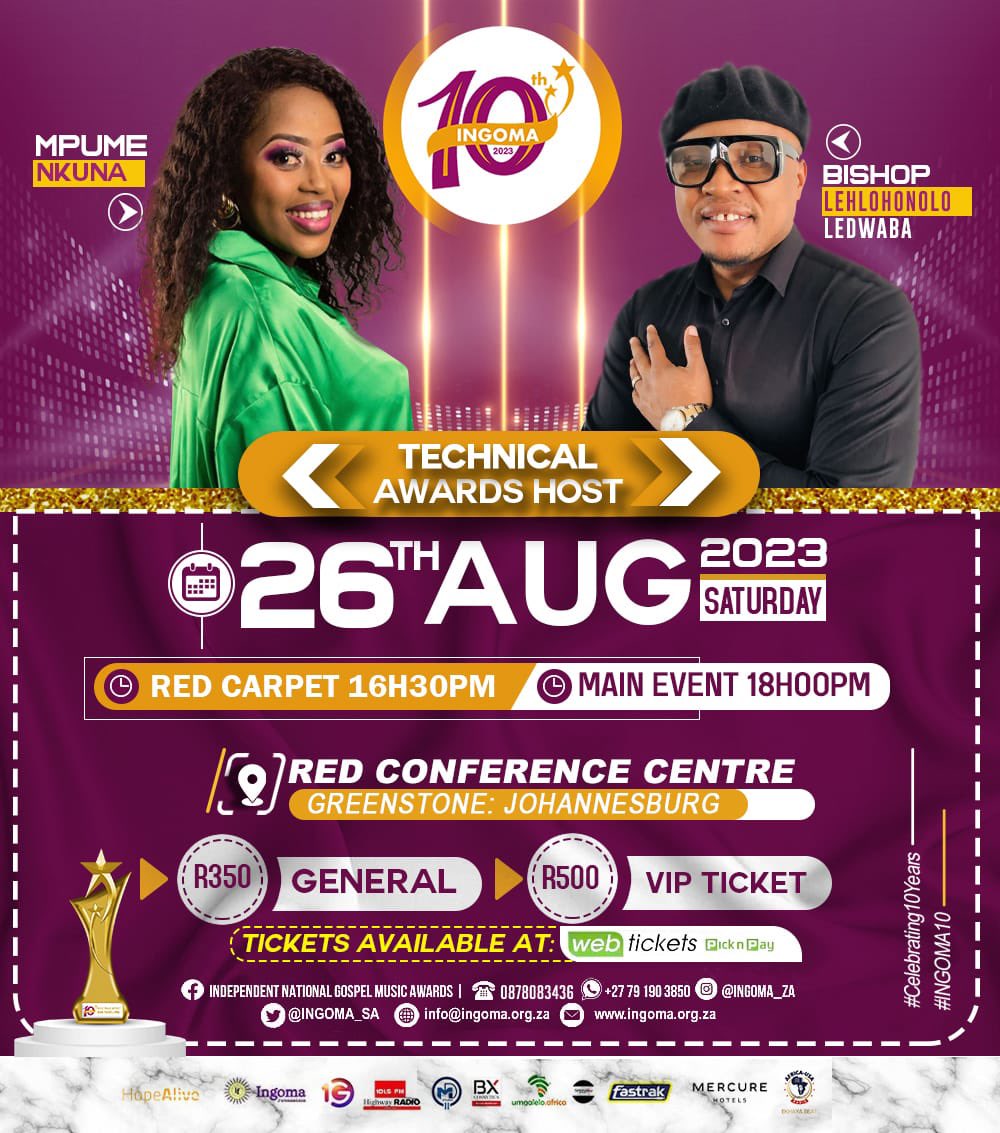 INGOMA SA (@ingoma_sa) on Twitter photo ๐จ๐จ๐จTECHNICAL AWARDS HOSTS
We are proud to announce <a href="/Mpumedz/">Mpume Nkuna</a> and @BishopLedwaba as our Technical Awards Hosts for the 10th INGOMAs.
Now you will agree that we are taking this to another level.
Brought to you by <a href="/ONEGospel/">One Gospel</a>
#INGOMA10
#GlorifyingGod ๐จ๐จ๐จTECHNICAL AWARDS HOSTS
We are proud to announce <a href="/Mpumedz/">Mpume Nkuna</a> and @BishopLedwaba as our Technical Awards Hosts for the 10th INGOMAs.
Now you will agree that we are taking this to another level.
Brought to you by <a href="/ONEGospel/">One Gospel</a>
#INGOMA10
#GlorifyingGod