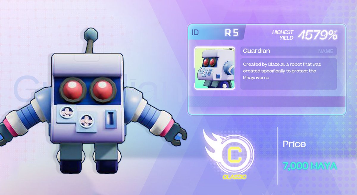 Mhaya F5 NFT: 𝐆𝐮𝐚𝐫𝐝𝐢𝐚𝐧
Guardian is a robot created by Blaze.ai specifically to protect Mhayaverse.

Highest Yield: 4579% 
Worth of value: 7000 $MAYA
Utility: Play2Earn.
How to obtain: Stake 7000 $MAYA 

𝕎𝕚𝕟 𝕞𝕠𝕣𝕖 ℕ𝔽𝕋𝕤 #P2E: t.me/Mhaya_Referral…