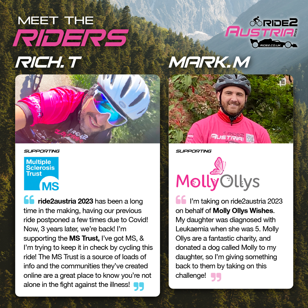 Meet the #riders taking on #ride2austria!

@richtindale Supporting the @MSTrust

Mark M Supporting @mollyollys

Donate to Rich & Mark  at ride2.co.uk/donate 😊

🚴🏼‍♀️🏎🇬🇧🇦🇹

#cycling#cycle #cyclelife #stravacycling #f1 #formula1 #formulaone #redbullracing #redbullring