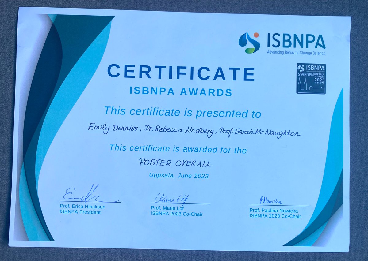 Honoured to receive the award for best poster at #ISBNPA2023

A huge shout out to my all star supervisory team 🤩 @McNaughtonSarah and @Rebecca_L_L

I’m so grateful to work with an incredible team of women and be here together in Uppsala! None of this is possible without you!