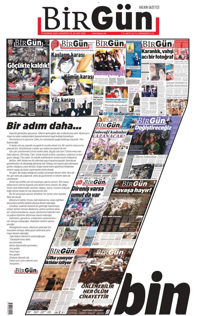 7 ay yaşamaz diyenlere inat, gazetemiz @BirGun_Gazetesi 7 bin gündür ayakta!