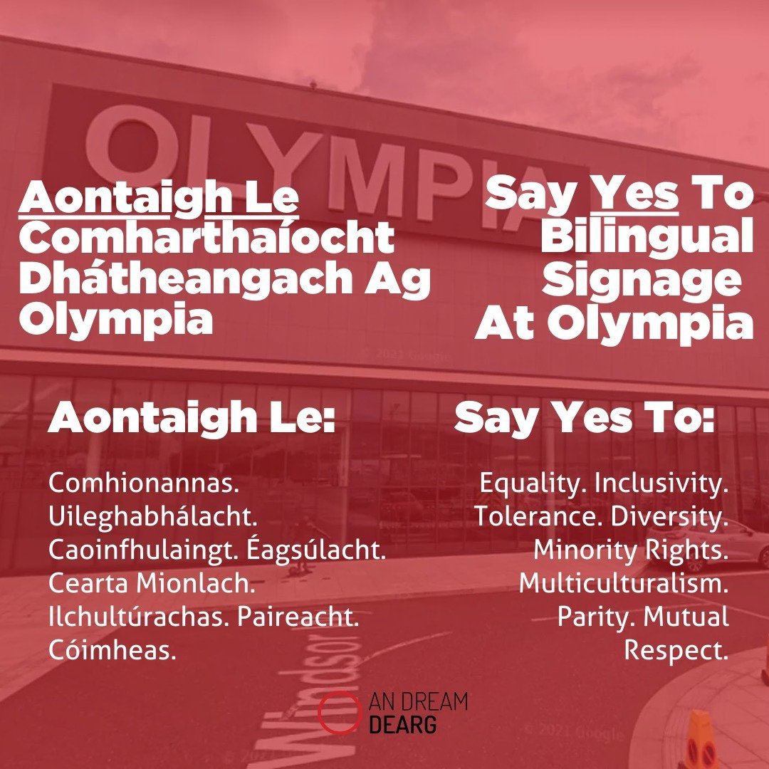 dreamdearg's tweet photo. Ar thug tú freagra ar an chomhairliúchán fós?

Have you responded to the survey on dual-language signage? 👇👇

Suirbhé as Gaeilge: 
https://t.co/GykmBjfmg5

Suirbhé as Béarla: https://t.co/cB9KymRp5s

Tuilleadh Eolais | Consultation Info: 
https://t.co/GykmBjfmg5

#CeartaTeanga https://t.co/IXHzX9e0Ck