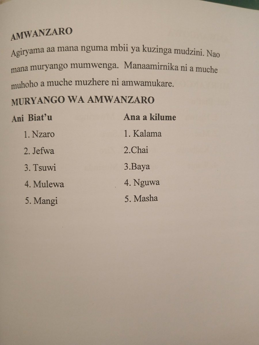 LearnGiryama's tweet image. Amwanzaro mana nguma mbii ya kuzinga mudzini. 

Text from the book Sindaricha Kikwehu by Gabriel Baraka Thoya, Kilifi.