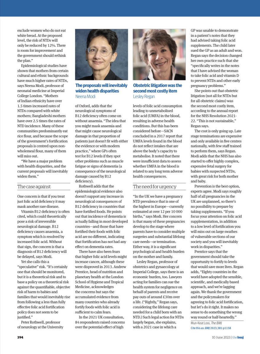 The debate on whether we should add folic acid to food has been going on since I was a medical student.

In last week’s @bmj_latest, @munkeatlooi looks at some of the pros, cons and evidence.

Social inequalities play into this too.

Link:
bmj.com/content/381/bm…

#SDOH