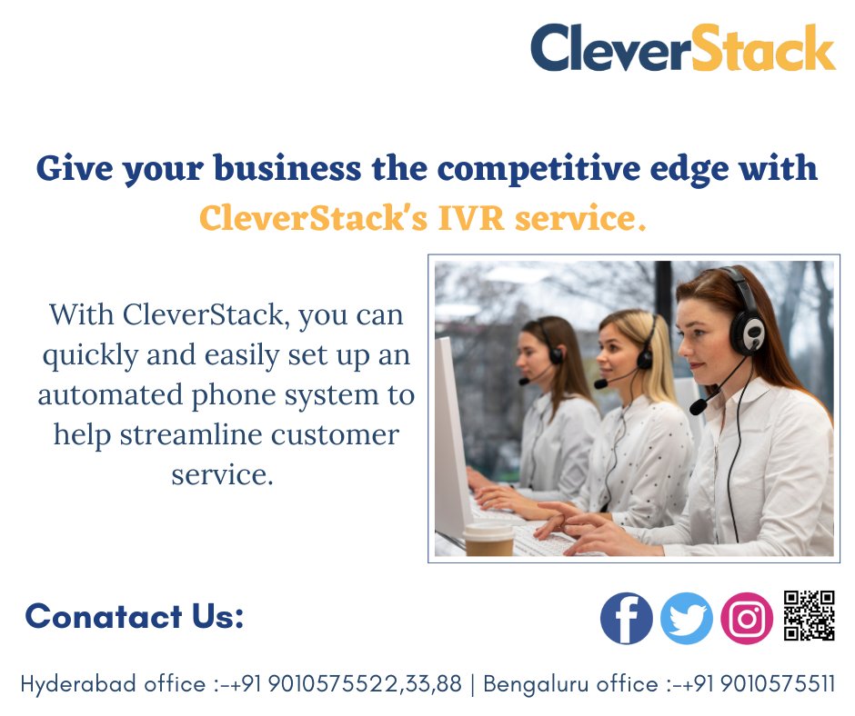 clever_stack's tweet image. Get started today and unlock the power of IVR with CleverStack!
cleverstack.in
Hyderabad office :-+91 9010575522,33,88|Bengaluru office :-+91 9010575511
#cleverstack #technodreams  #BestCloudTelephonyServiceProviderinIndia 
#IVRservice #IVRserviceprovider #cloudtelephony