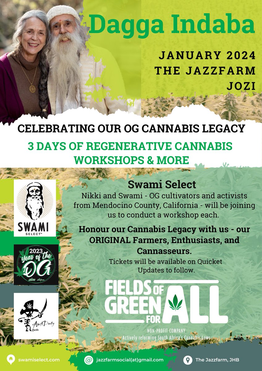 Fields of Green for ALL is proud to present the DAGGA INDABA - happening at The Jazzfarm, just outside vibrant Jozi in January 2024.

fieldsofgreenforall.org.za/dagga-indaba-j…

#cannabis #CannabisCommunity #daggaindaba