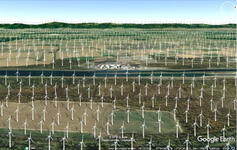 Die Fotomontage vor dem Hintergrund des AKWs Fessenheim, das der deutsch-französischen Freundschaft geopfert wurde, zeigt die nötigen Windräder um ein AKW zu ersetzen, 

Netterweise wurde die Nennleistung angesetzt, mit realem Ertragsfaktor von ca. 20% müssten es 5mal mehr sein.