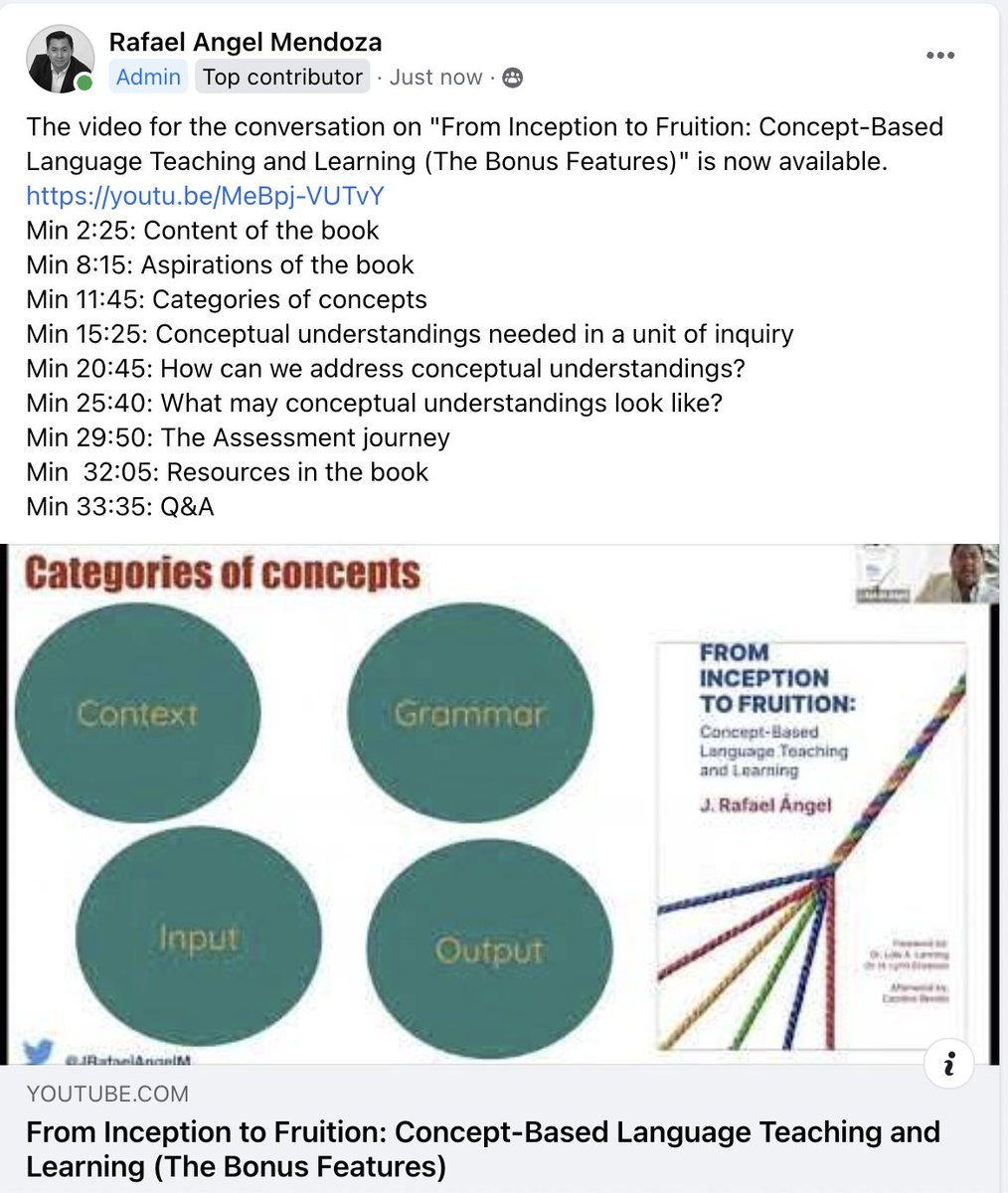 If you were unable to join me in a conversation about my book "From Inception to Fruition: Concept-Based Language Teaching and Learning", you can now watch the recording.
Use this link: youtu.be/MeBpj-VUTvY 
#ConceptBasedLanguage #FromInception2Fruition