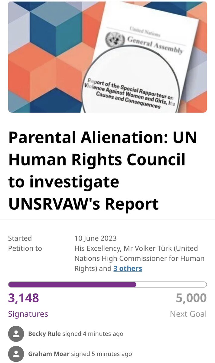 Three times as many victims of parental alienation have signed this petition than @UNSRVAW received and based her report on. 

In less than one week.

Please keep ✍️ and sharing🙏

chng.it/sQpRfc8F

#truthtopower
#protectingchildrenmatters