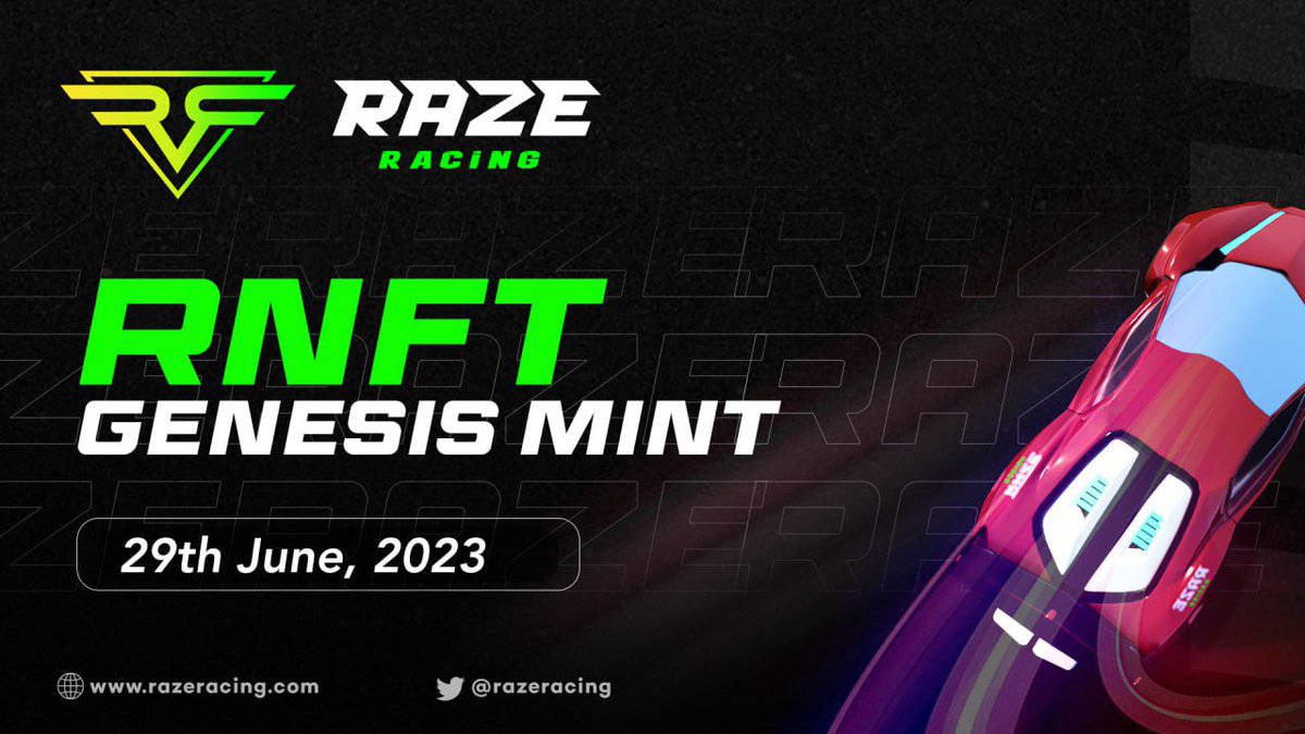 ✨ Genesis Mint Alert🎉 

Razeracing is thrilled to announce the upcoming launch of our genesis mint. Get your engines revved and wallets ready for this monumental event💎

Save the date: 28th June 2023📆

#rnft #mint
