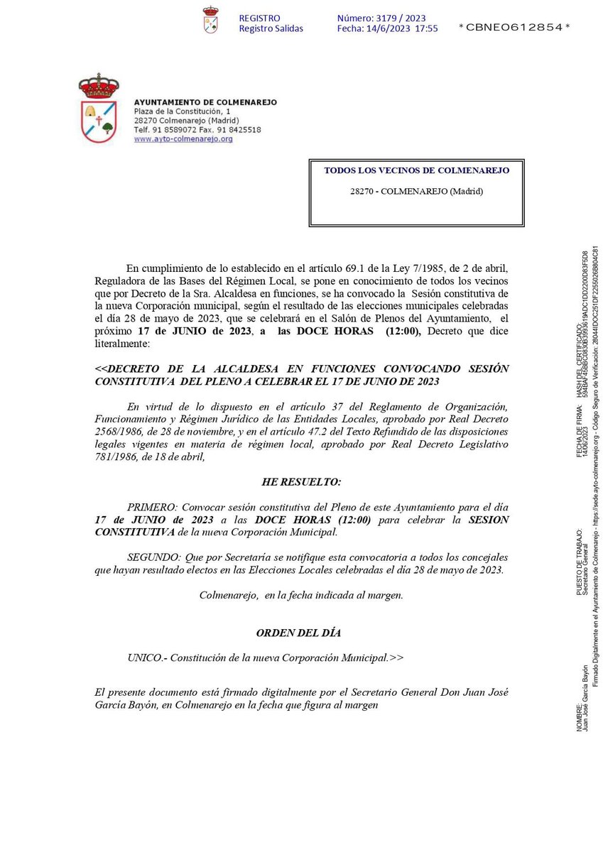 JesusPolitica's tweet photo. #Colmenarejo Hoy 17-06-2023 empieza la legislatura 2023-2027 con el pleno de constitución de la nueva corporación del Ayuntamiento de Colmenarejo

Tengo el privilegio de ser 1 de los 13 concejales de la nueva corporación GRACIAS a los 446 votos que obtuvo @partido_local https://t.co/eRGcQ8Z5i6