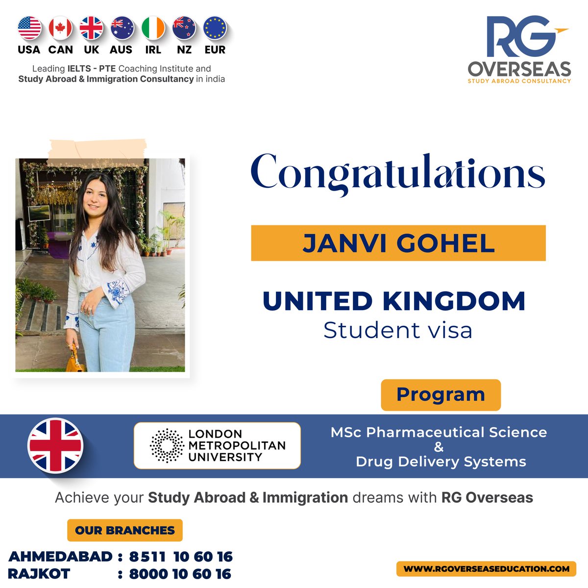 🌟 𝗝𝗮𝗻𝘃𝗶 𝗚𝗼𝗵𝗲𝗹 recently received her 𝗨𝗞 𝗦𝘁𝘂𝗱𝗲𝗻𝘁 𝗩𝗶𝘀𝗮 in just 𝟮 𝗱𝗮𝘆𝘀! 🙌💼

#rgoverseas #studyabroad #visaconsultancy #UKStudentVisa #londonmetropolitanuniversity #mscpharmaceuticalscience #educationabroad #fastvisa #StudyinUK #ukvisa #visasuccess