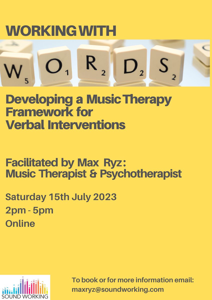 Training Workshop: 
Working with Words: Exploring a Music Therapy Specific Framework for Verbal Interventions
Date: Saturday 15th July 2pm - 5pm
Facilitator: Max Ryz
Fee: £80 with a 20% concession for students.