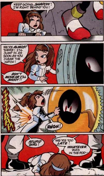 In Archie's brief Sonic Adventure 2 adaptation in issue #98, Maria, a child, is shot dead on-screen.