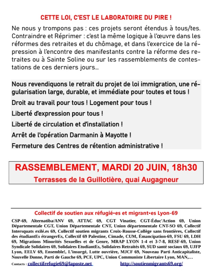 La <a href="/LDH_LyonConf/">LDH Lyon Confluences</a> est Unie Contre l'Immigration Jetable ! Rendez vous à #Lyon Mardi 20 juin, contre la loi Asile et immigration.