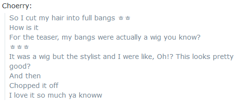 Chat highlights: Choerry gets real bangs (230617)

Text links:
reddit.com/r/LOONA/commen…