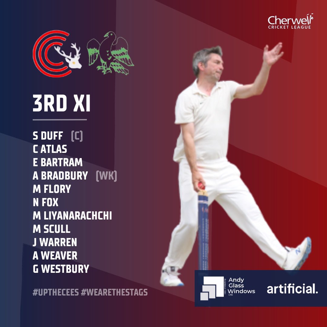Charlbury Cricket Club (@charlburycc) on Twitter photo MATCH DAY 🏏
Week 7 of <a href="/Cherwellcricket/">Cherwell Cricket League</a> is here! Our 3s are home to <a href="/SUWCC/">Shipton-under-Wychwood CC</a>, our 2s are away to <a href="/OxBletchNondies/">Oxford & Bl. Nondies</a> and our 1s are home to <a href="/CumnorCricket/">Cumnor Bears</a>. 🏏☀️
Proudly sponsored by <a href="/AGW_LTD/">Andy Glass Windows</a> & <a href="/artificiallabs/">Artificial</a> 💙
#upthecees #wearethestags🦌 #CCC #courage #confidence #commitment MATCH DAY 🏏
Week 7 of <a href="/Cherwellcricket/">Cherwell Cricket League</a> is here! Our 3s are home to <a href="/SUWCC/">Shipton-under-Wychwood CC</a>, our 2s are away to <a href="/OxBletchNondies/">Oxford & Bl. Nondies</a> and our 1s are home to <a href="/CumnorCricket/">Cumnor Bears</a>. 🏏☀️
Proudly sponsored by <a href="/AGW_LTD/">Andy Glass Windows</a> & <a href="/artificiallabs/">Artificial</a> 💙
#upthecees #wearethestags🦌 #CCC #courage #confidence #commitment