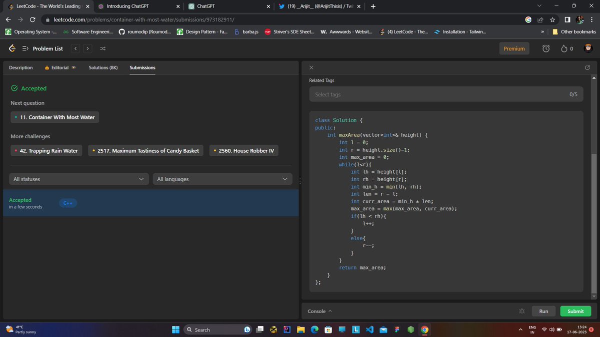 Roumodip456's tweet photo. Sorry for the inconsistency, which was caused due to by semester exams..

Day (08/100) #100DaysOfCode with
@yesiamtechjc
@RuidasSathi 
@ArijitThisis 
@SujataP47223391
@nishu__priya08 

obj: Max water capacity problem https://t.co/lDJVsvkZ1x