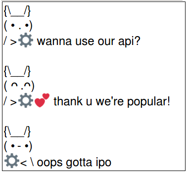 FakeUnicode's tweet image. {\__/}
( • . •)
/ &gt;⚙ wanna use our api?
{\__/}
( ᴖ .ᴖ)
/ &gt;⚙💕 thank u we're popular!
{\__/}
( • - •)
⚙&lt; \ oops gotta ipo