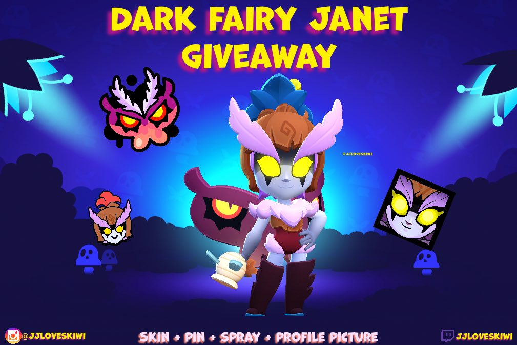 I CAN FINALLY DO SKIN GIVEAWAYS!!!

2 Dark Fairy Janet Giveaway
Ends 07/04

To Enter:
🟢 Follow me <a href="/JJlovesKiwi/">JJlovesKiwi</a> and <a href="/Kawaiigirlfren/">Kiwi🍡</a> 
❤️ Like this tweet and comment your favorite feature of the new update
🔁 Retweet!

#DarkFairyJanetGiveaway #BrawlStars