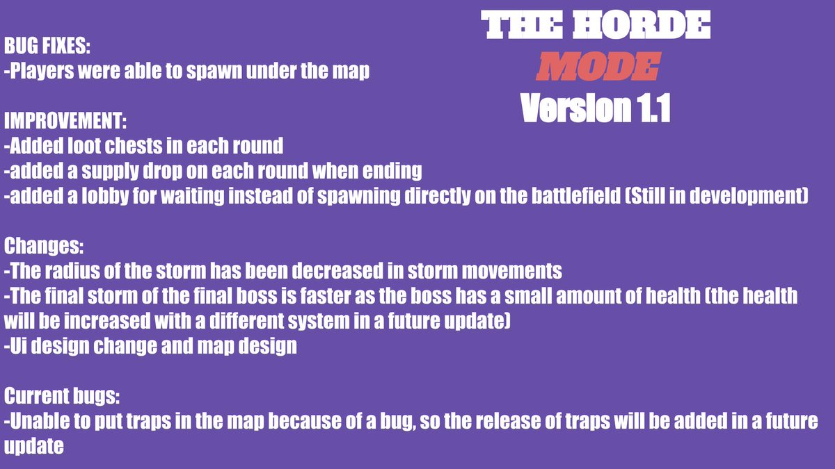 The Horde Mode is back with version 1.1!

You can read the patch notes to see what changed in this tweet!

Let me know if there are issues with the gameplay!

#UEFN #CreatedinFortnite #Fortnite https://t.co/ehsCAW31lp