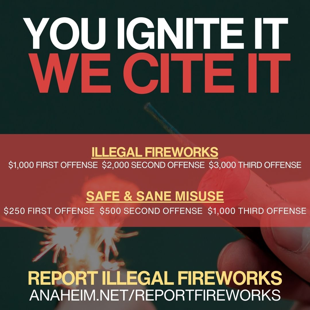 No illegal fireworks are allowed in Anaheim!

Fines of up to $3,000 for illegal fireworks.

Dedicated enforcement teams will be out this weekend leading up to the holiday, patrolling for illegal fireworks activity. 

Report illegal fireworks at Anaheim.net/ReportFireworks