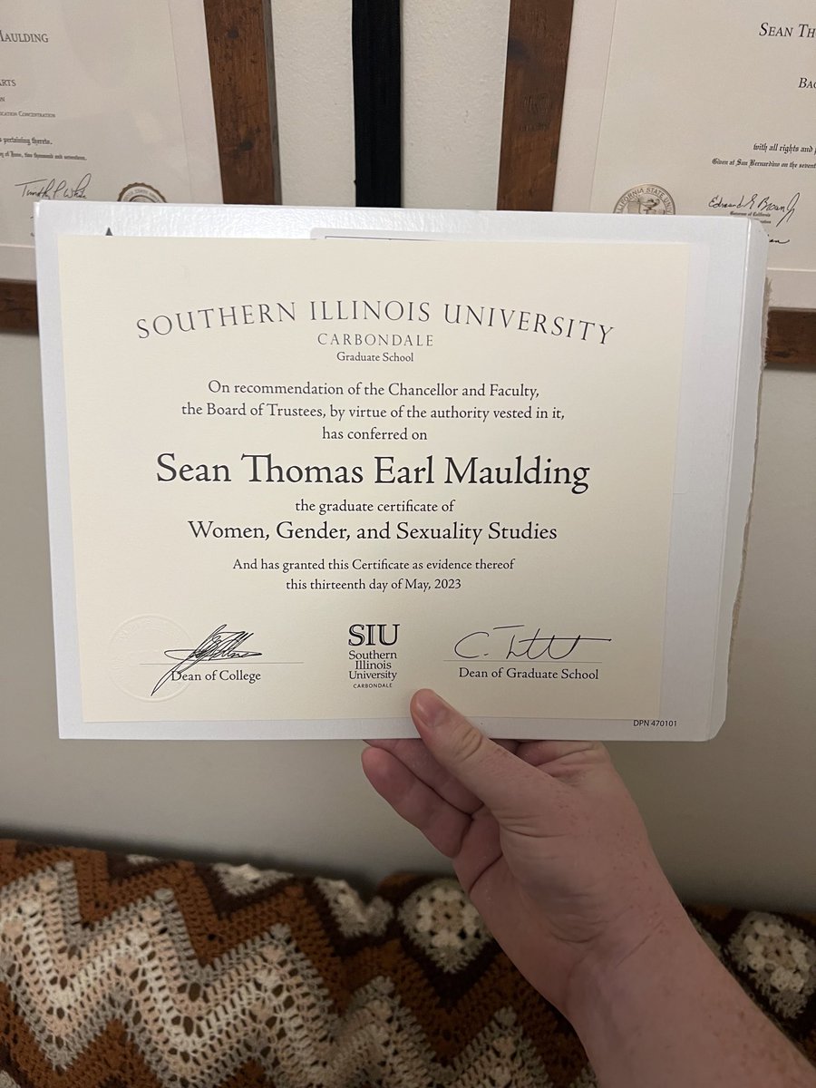 SeanMaulding's tweet image. I didn’t know they sent a paper certificate. I thought it was just a notation on my transcript. Next semester prelims. Next Spring prospectus. Next year dissertation. We’ve got this. 

#wgss #phd #deliberatelyqueer #academictwitter #goodnews