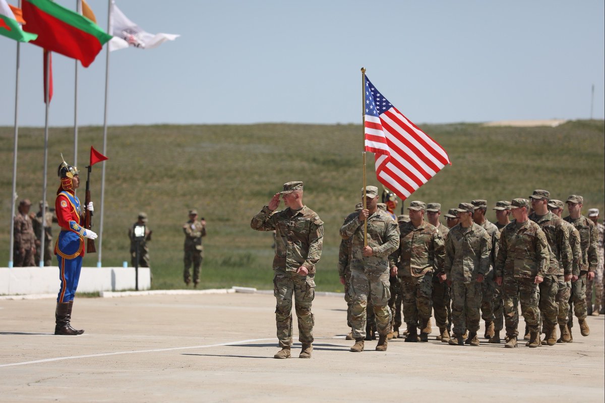 USArmy's tweet photo. Soldiers from @USARPAC celebrated the opening ceremony of Khaan Quest 23 on June 19, near Ulaanbaatar, Mongolia. 

Through this exercise, over 20 countries contributed to the mission of peacekeeping and stability across the region.
More here:
https://t.co/PllbJYlue6 https://t.co/K2FbjbdQbj