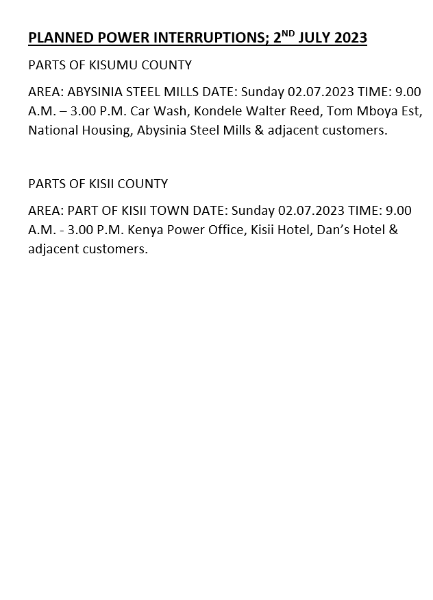 Kenya Power on Twitter "Good Evening. The listed areas will be