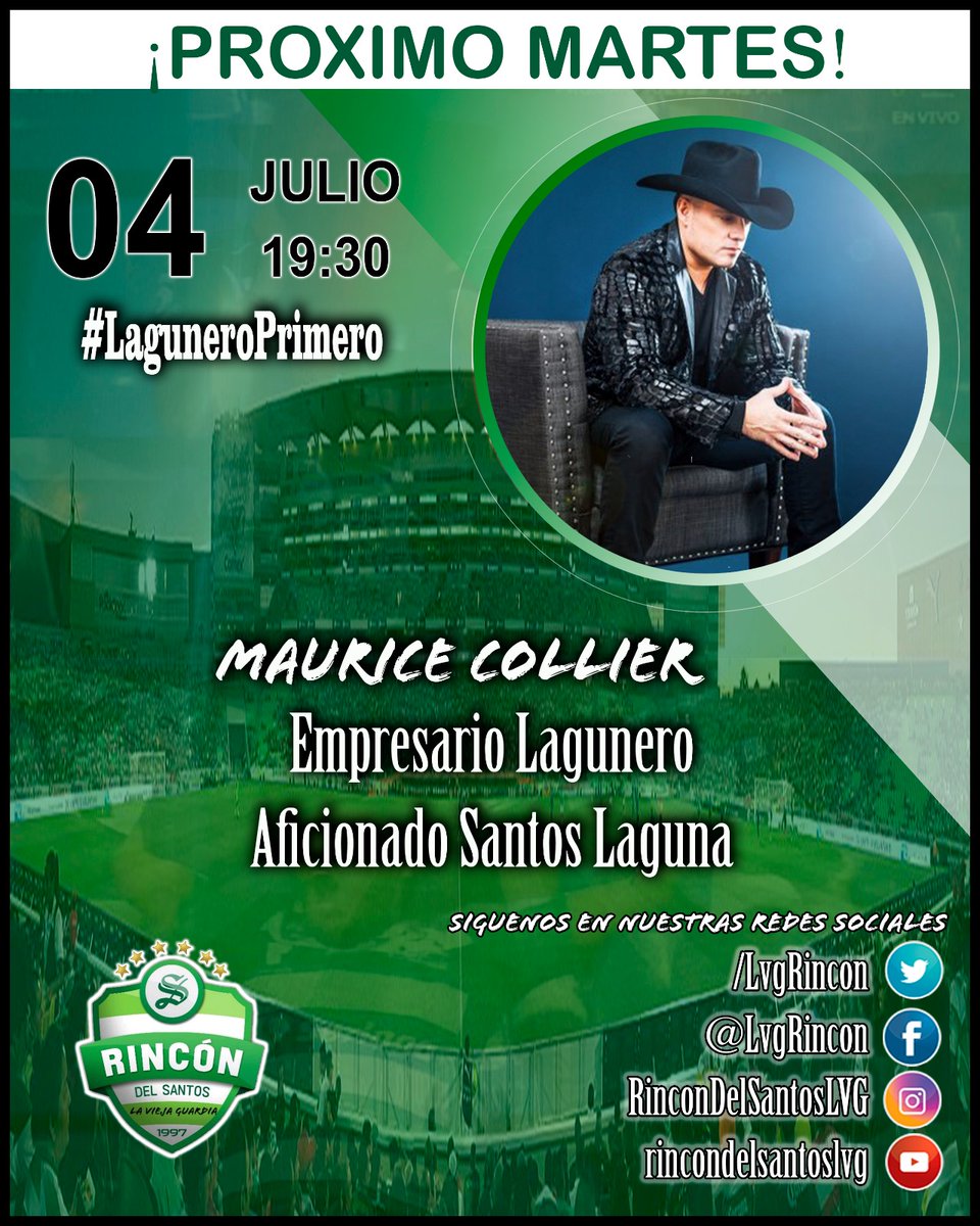 LvgRincon's tweet photo. Arrancamos!
@ClubSantos recibe a Qro el próximo domingo,y como es costumbre en cada inicio de torneo, el Rincón también regresa.
Y lo hacemos con invitado de Lujo, nos acompañará @MauriceCollier para platicar de Santos y de su gran movimiento #laguneroPrimero 
Martes 7:30 PM https://t.co/rCbTLol1wi