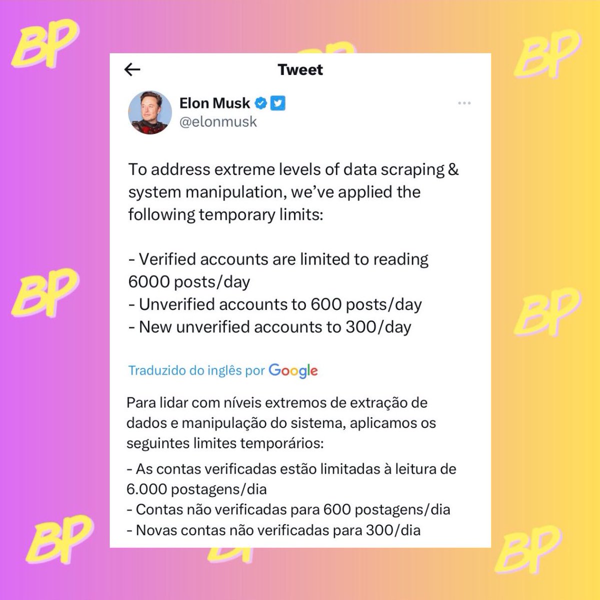 mr_nfdr's tweet photo. 🚨AGORA: NÃO É BUG! Elon Musk se pronuncia e diz que Twitter adotou temporariamente novas regras e entre elas há uma limitação de tweets para quem não é assinante do Twitter Blue.  — Os não-usuários do pacote Twitter Blue só poderão ver 600 tweets por dia! https://t.co/kNiXK4Bbyy