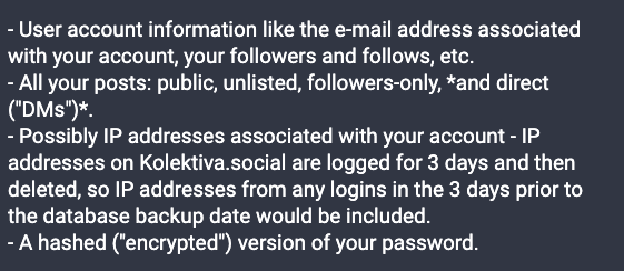 AntifaWatch's tweet photo. Kolektiva, the main Mastodon instance that many #antifa (such as a Chad Loder) moved to had an admin raided and arrested by the feds.

During the raid they were working on an unencrypted copy of the Kolektiva database, which they claim the feds now have. https://t.co/xIa1mx5fvF