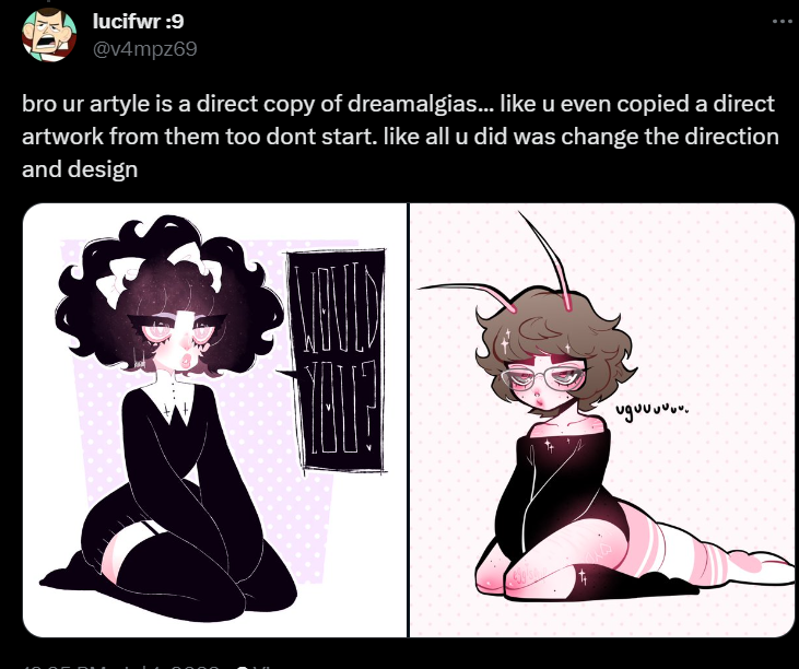 eggisoup's tweet image. "all you did is change everything about the composition except for the pose which was coincidentally similar! that is copying!!!" 🤓