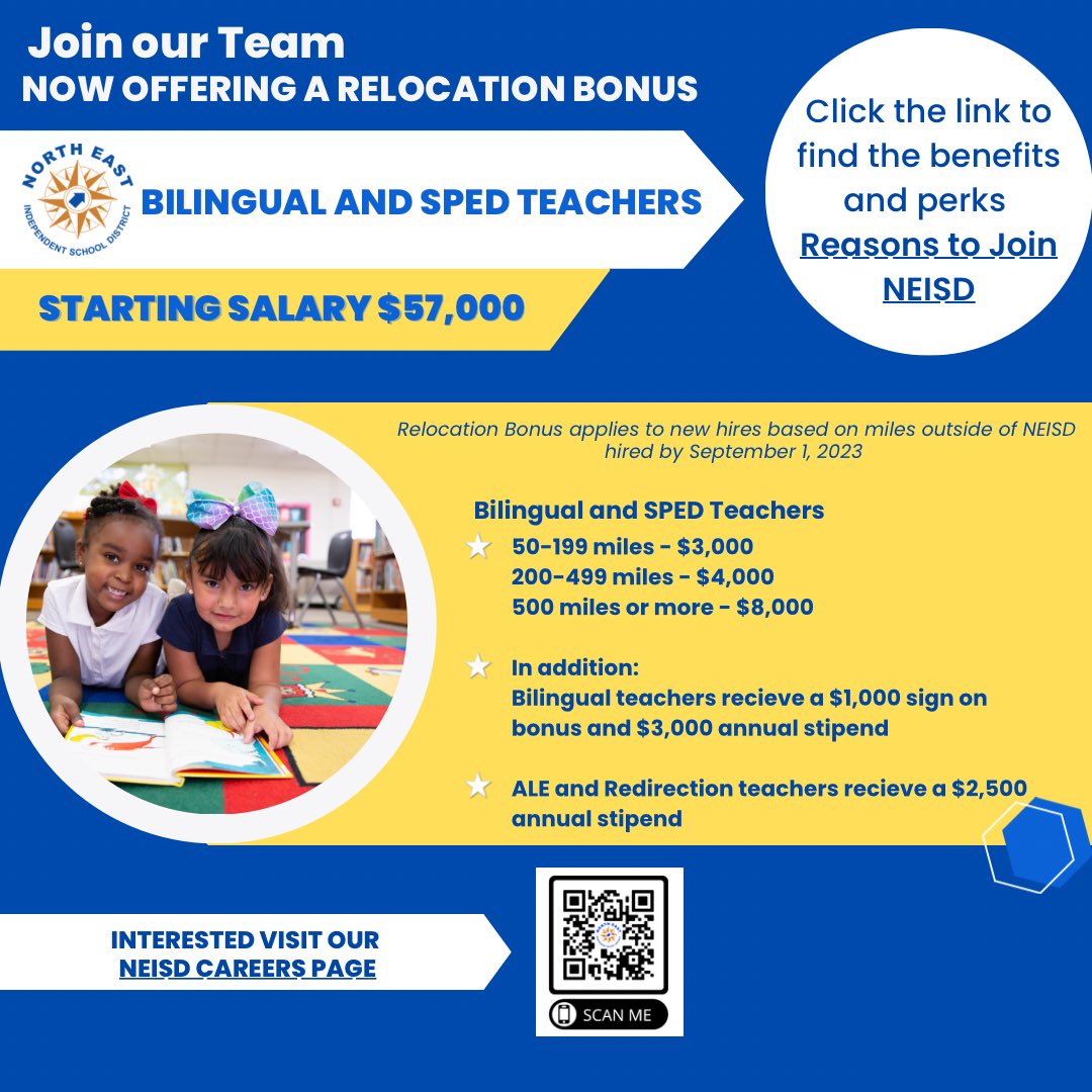 NEISD offers a relocation bonus for those moving to the San Antonio area. Named Best District in SA by San Antonio Express-News Reader's Choice Awards! Bilingual and Special Education ALE and Redirection teachers - we want you to join our team! neisd.net/careers