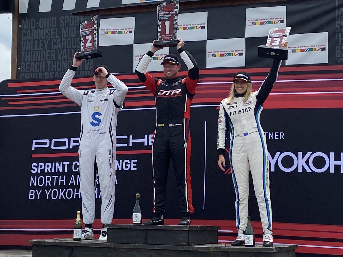 Madeline Stewart on the podium in race one at Mid Ohio. Race two goes off at 8 am Sunday.