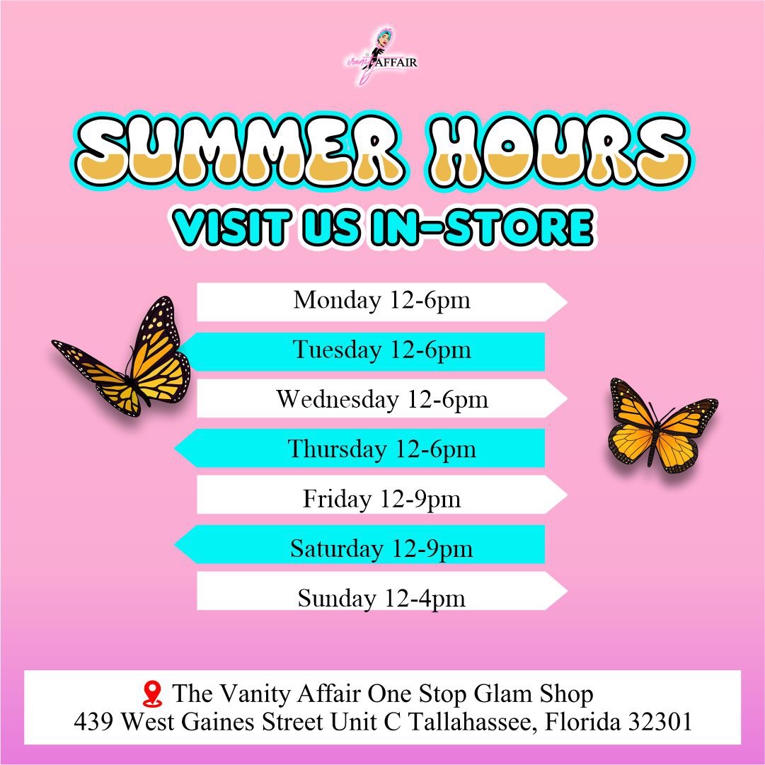 vanityaffairco's tweet photo. Open 7 days a week in store 🏬 
Visit Us In-Store
M-TH 12-6pm
FRI- SAT 12-9pm
SUN 12-4pm
The Vanity Affair One Stop Glam Shop
439 West Gaines Street Unit C Tallahassee, Florida 32301
#TallySalon #Tallyhair #Tallyboutique #TallahasseeSalon #Tallyclothing #Tallywigs https://t.co/IV4KDz8Pqg