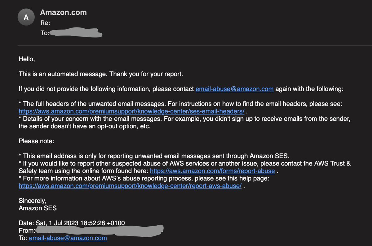 _astronoob's tweet photo. @AWSSupport I can confirm that the email address is correct and accept emails. The only exception is the Gmail account I get the spam. If you'd have a look at to the screenshots once again, you can see that the reporting form is also failing for this specific spammer, which is quite unusual. https://t.co/gamYOp0md7