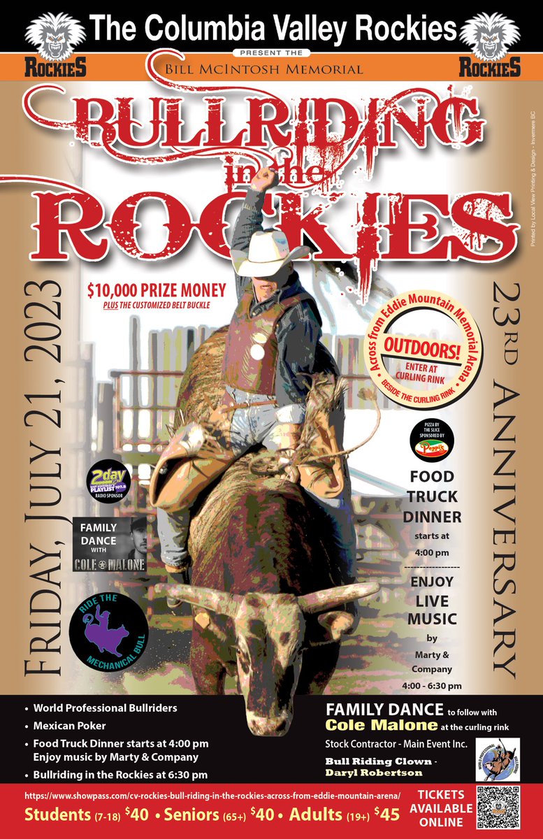Mark your calendars! The 23rd Anniversary of the BullRiding in the Rockies returns Friday, July 21st! 
There will be a family dance, live music, food and drinks. So put on your boots and grab your tickets!