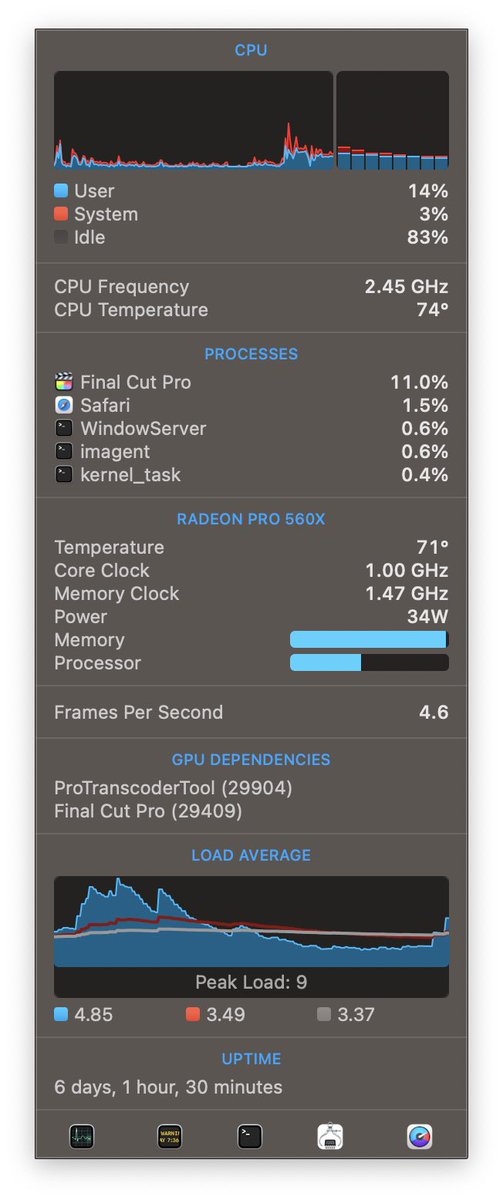 sGeekBlog's tweet image. В общем-то, прожарка #MacBookPro15 (2019) на #Corei9 и #RadeonPro560 при включённом аппаратном ускорении графики прошла успешно. После ремонта и прочистки производительность выросла, время рендера уменьшилось вместе с температурным режимом. #WinWinSituation во всех смыслах.