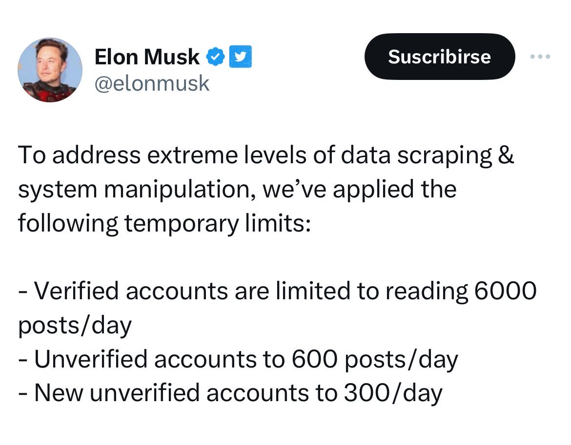 Adela_Micha's tweet photo. ¿Te apareció el mensaje “Cuota límite excedida”? Elon Musk explica que esto es parte de los nuevos ajustes de Twitter. Las cuentas verificadas podrán leer 6 mil publicaciones al día, pero las no verificadas solo 600. https://t.co/MPIDVVd242