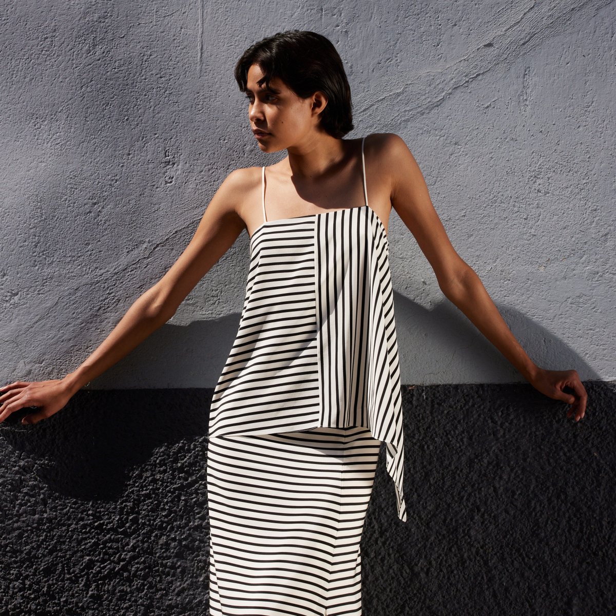 tibi's tweet image. The Identity Stripe Draped Cami &amp;amp; The Identity Stripe Pencil Skirt.