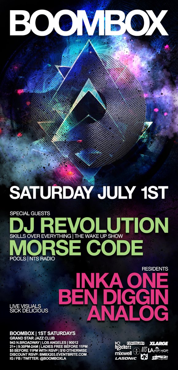 [TONIGHT] <a href="/BoomboxLA/">BOOMBOX</a> = special guests <a href="/DJREVOLUTION/">DJ Revolution</a> <a href="/DJMORSECODE/">Nathaniel</a> + residents <a href="/BEN_DIGGIN/">Ben Diggin</a> <a href="/DEEJAYANALOG/">Deejay Analog</a> &amp; yours truly + visuals <a href="/SICKDELICIOUS/">Jojo⚛️</a>! going to be a fun one without a doubt. RSVP for discount [ladies FREE + fellas $5]. ayyye!
DISCOUNT RSVP: bmbx203.eventbrite.com