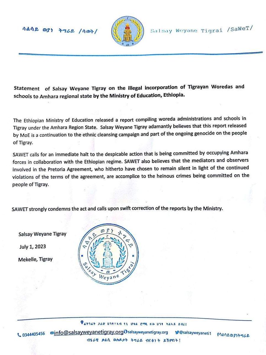 HailuKebede_'s tweet photo. Statement from Salsay Weyane Tigray on the illegal acts of the Ministry of Education, Ethiopia. https://t.co/RsHzeQ20Du